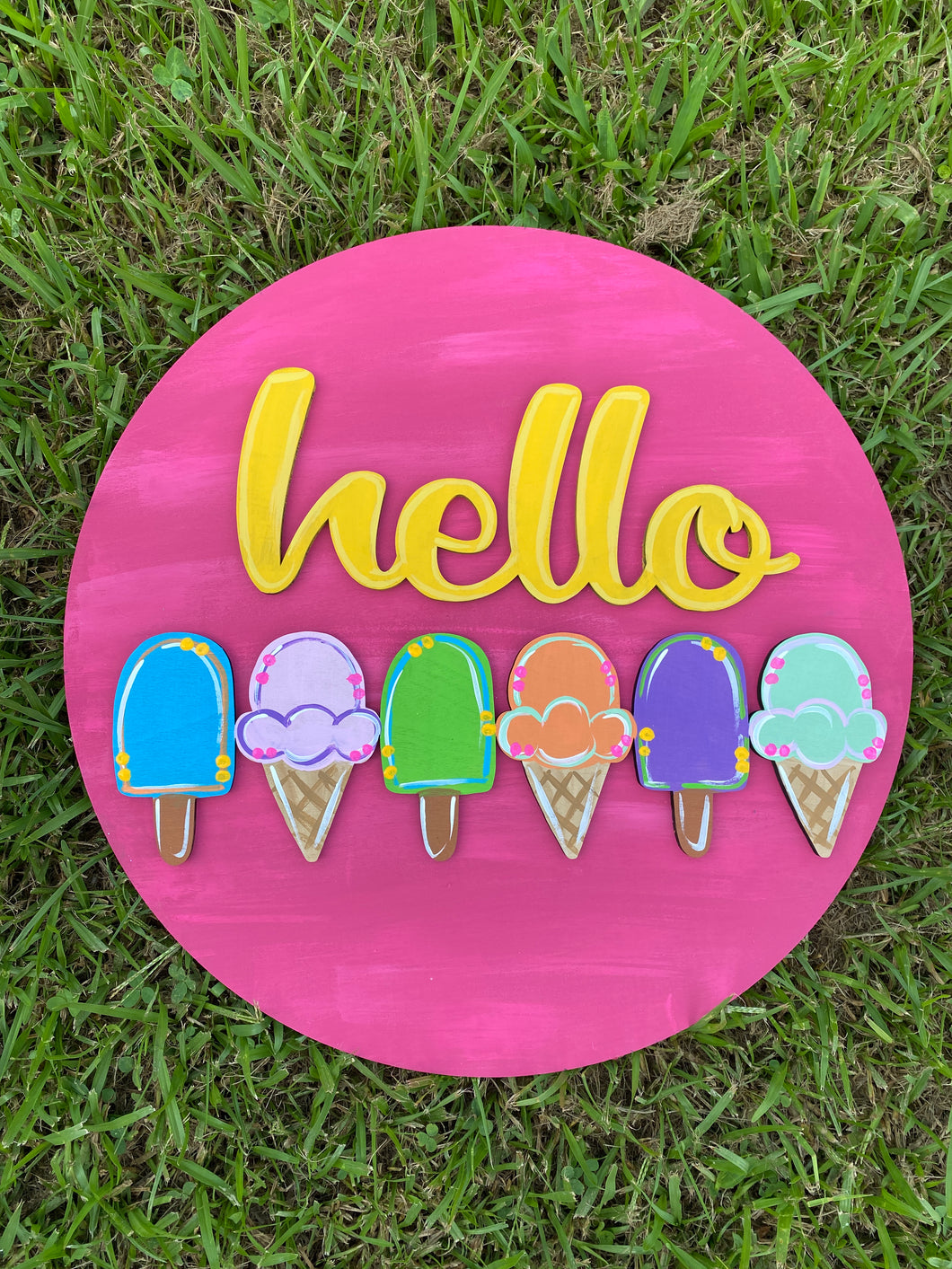 Unfinished Hello summer 15” circle with popsicle Ice cream wood blank
